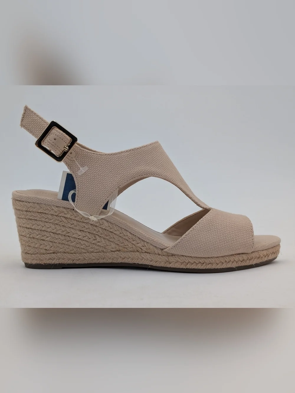 NWT Bandolino Sz 8 Neutral Tan Espadrille Wedge Gold Color Buckle Ankle Straps